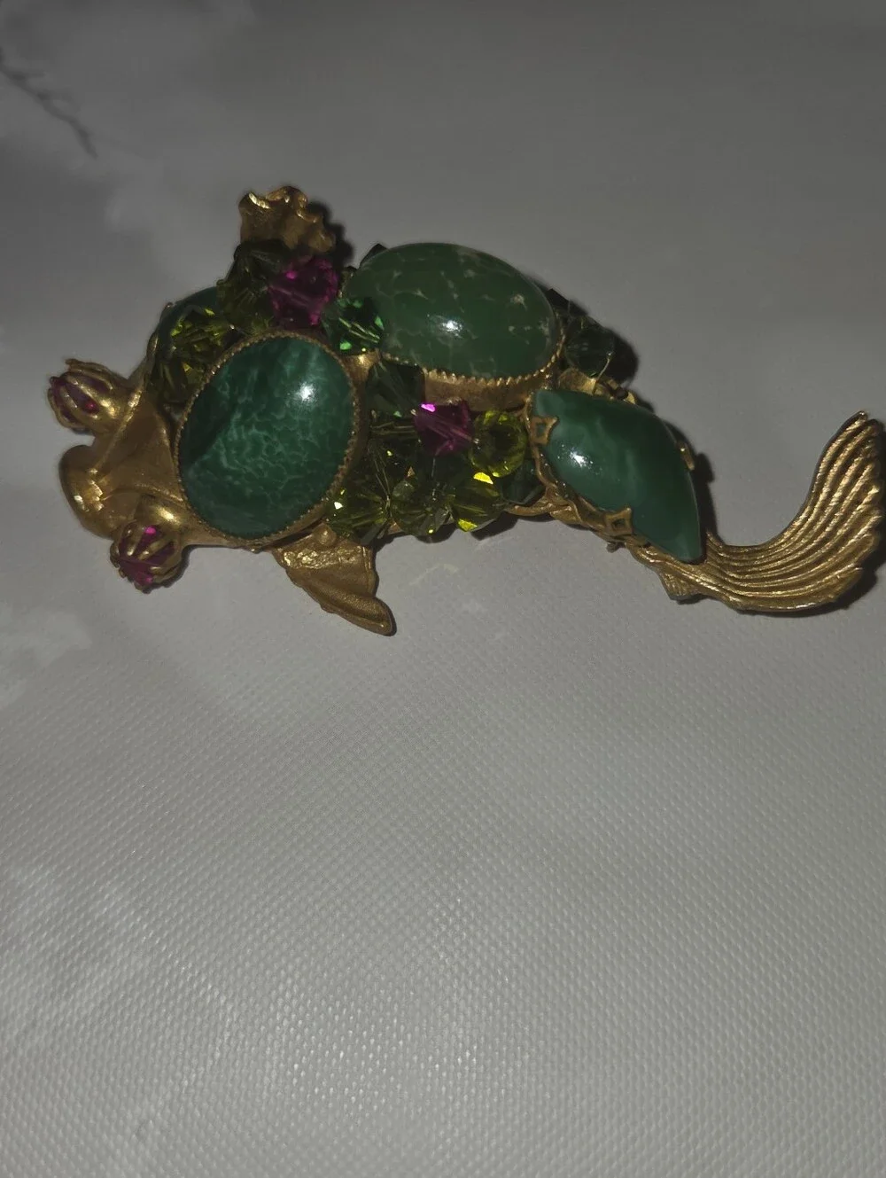 Rare Vintage Hattie Carnegie Koi Fish Brooch Lg Green Stones Purple Rhinestones